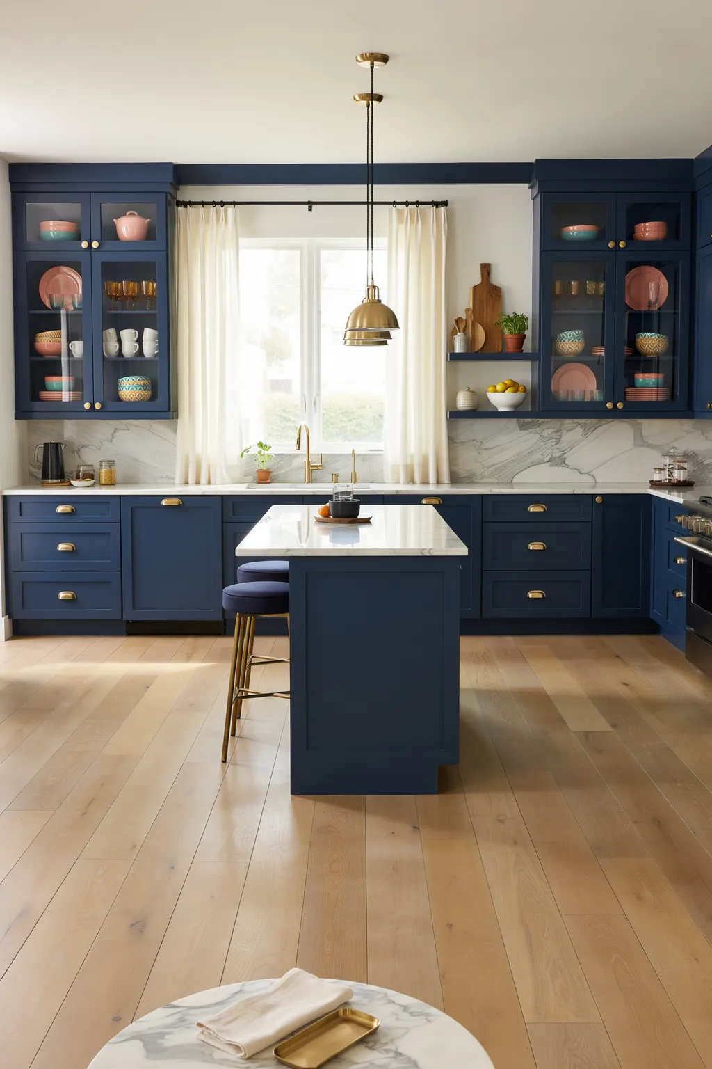 Navy Kitchen with Glass-Front Cabinets and Gold Hardware