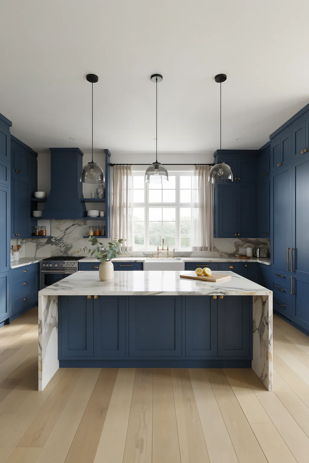 Navy U-Shaped Kitchen with a Marble Waterfall Island