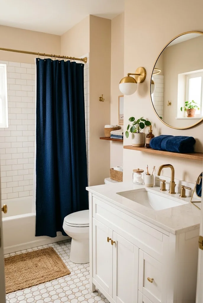 Neutral Bathroom Walls With One Navy Accent