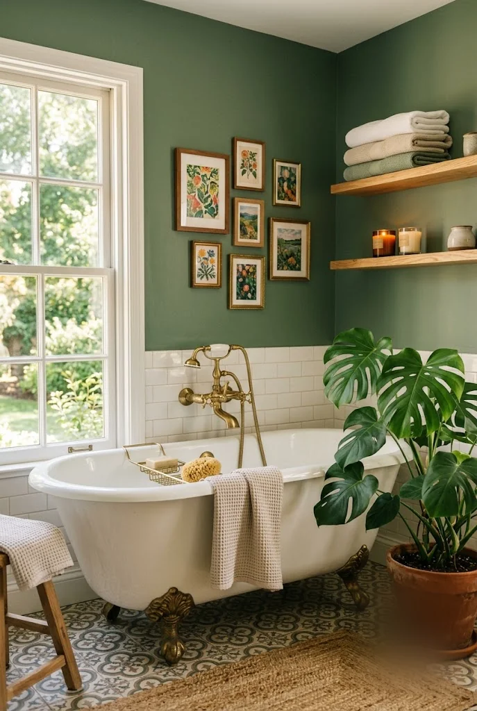 Sage Green Accent Wall Behind a Clawfoot Tub