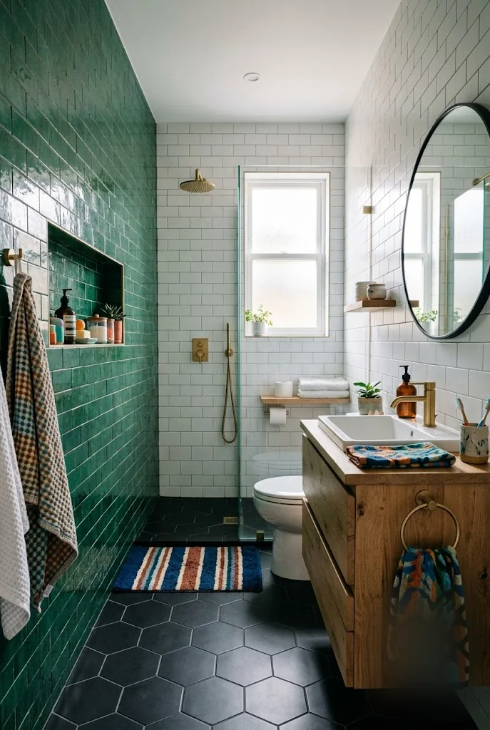 Green Tile Accent Wall Full Bathroom