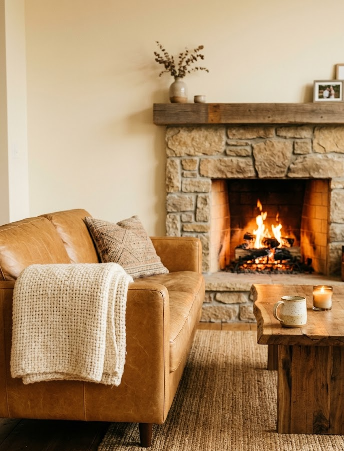 Leather Sofa with Wool Throw