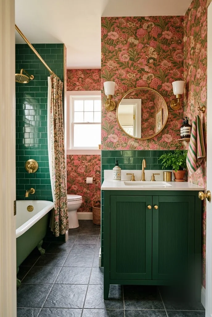 Floral Wallpaper Green Tile Bathroom