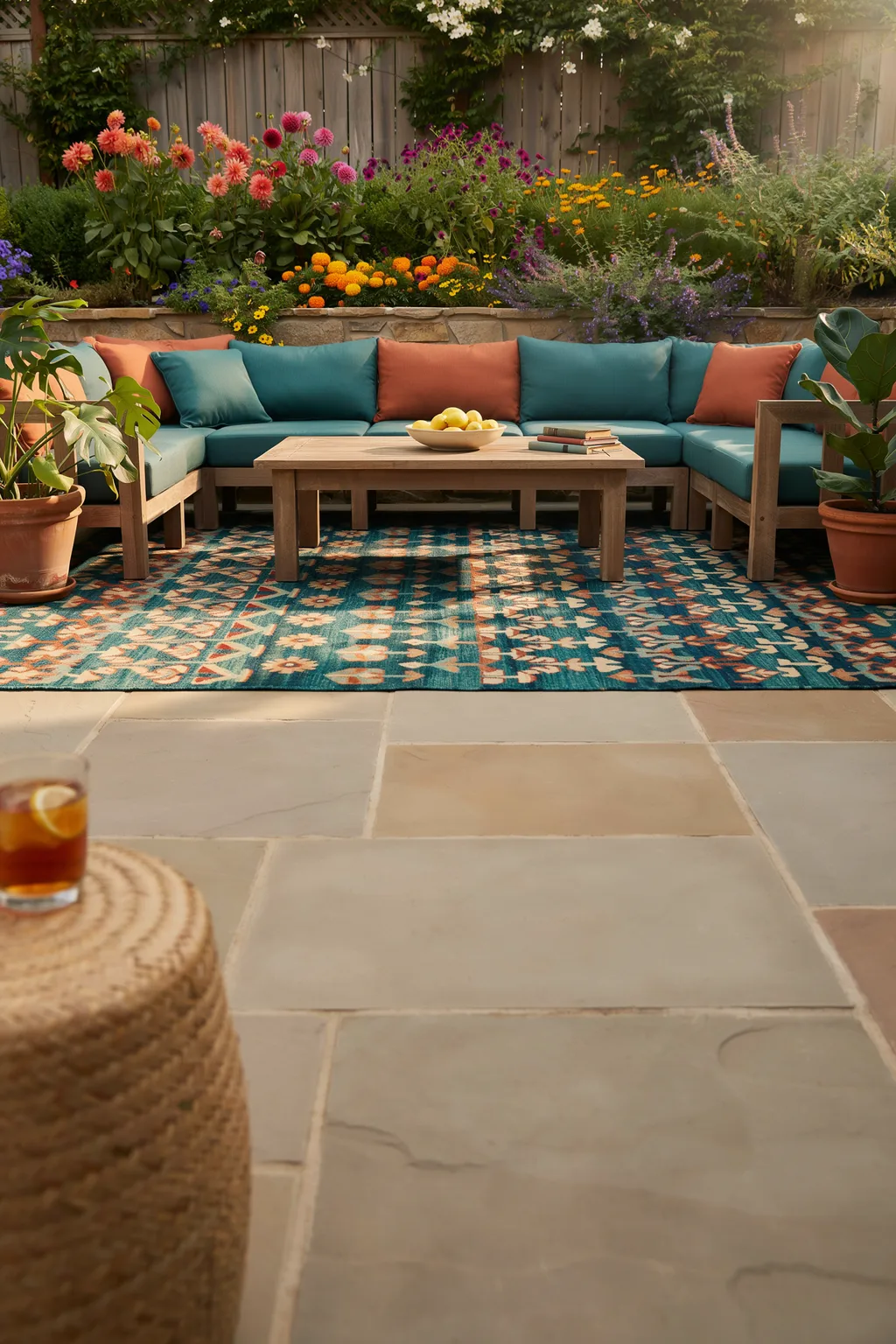 Anchor the Outdoor Living Room With a Rug Sized to the Seating
