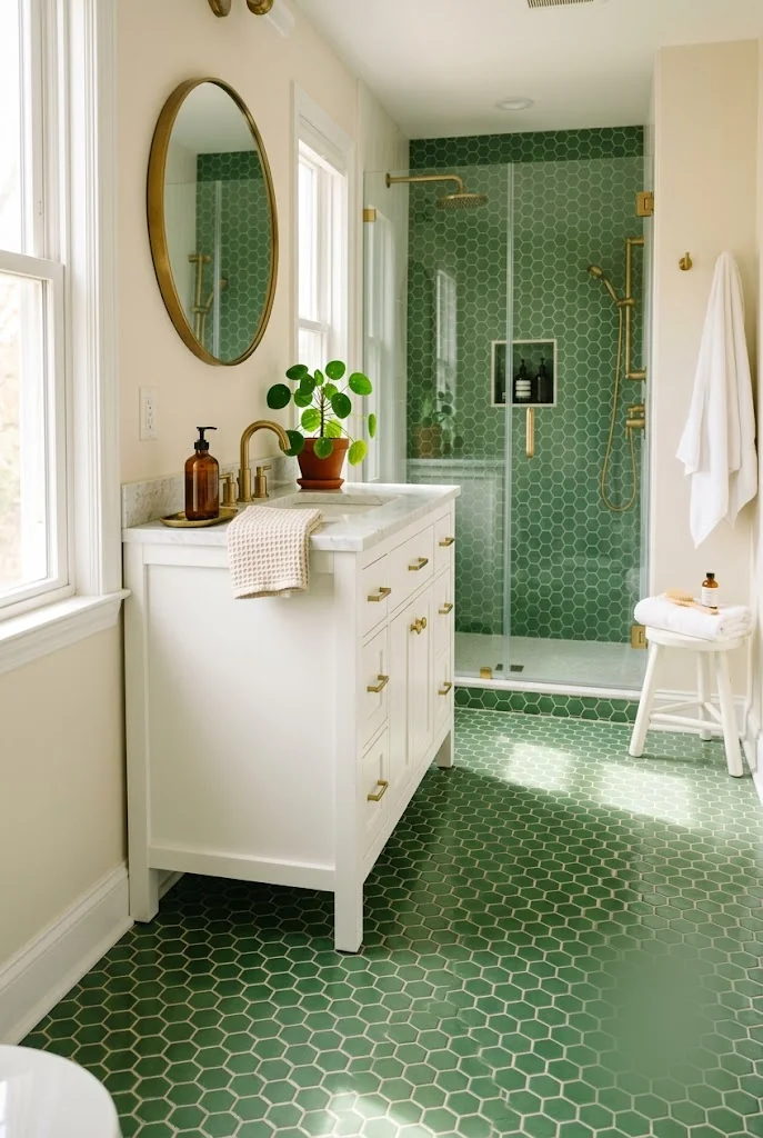 Sage Green Hexagon Floor Tile Bathroom