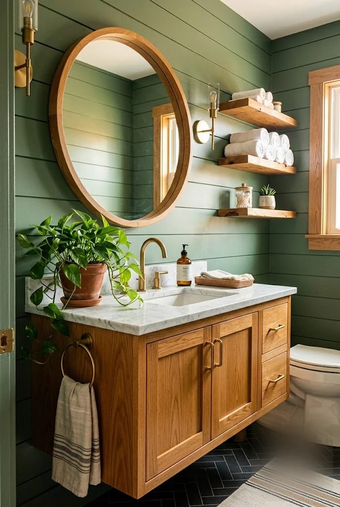 Sage Green Shiplap with Warm Oak Vanity