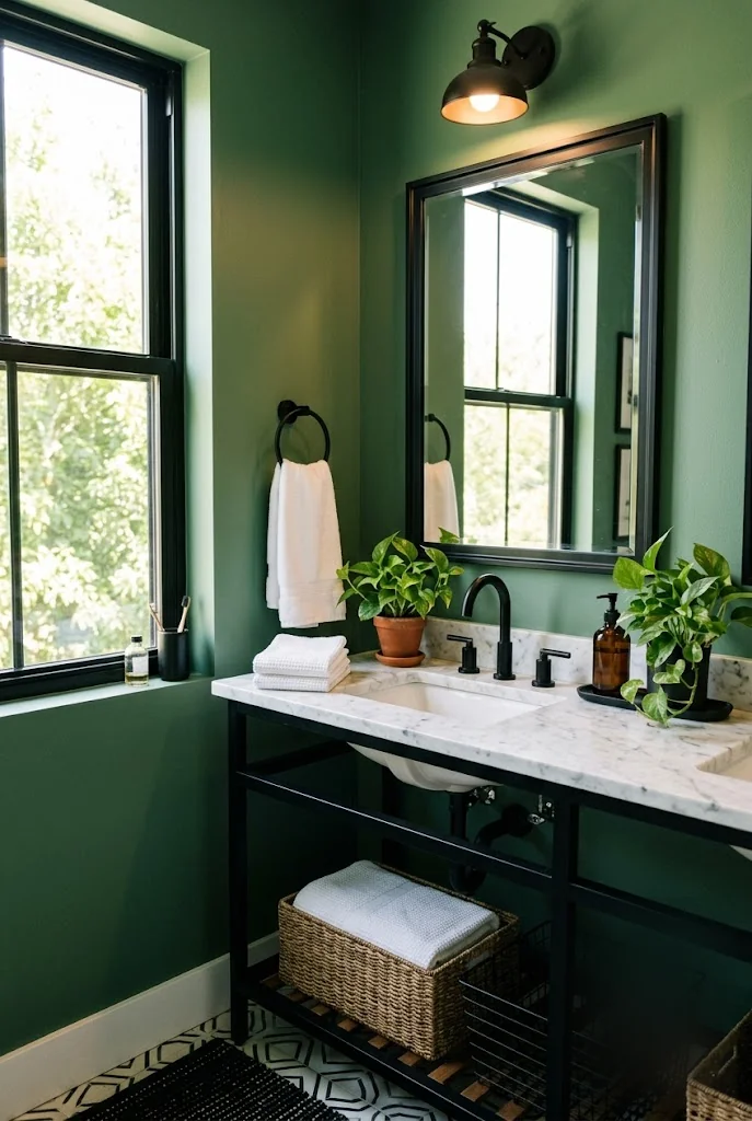 Sage Green Bathroom with Black and White Accents
