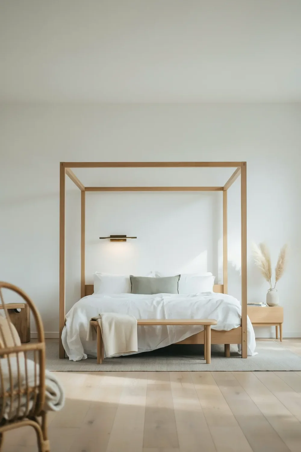 Scandinavian Canopy Bedroom Idea with Pale Wood