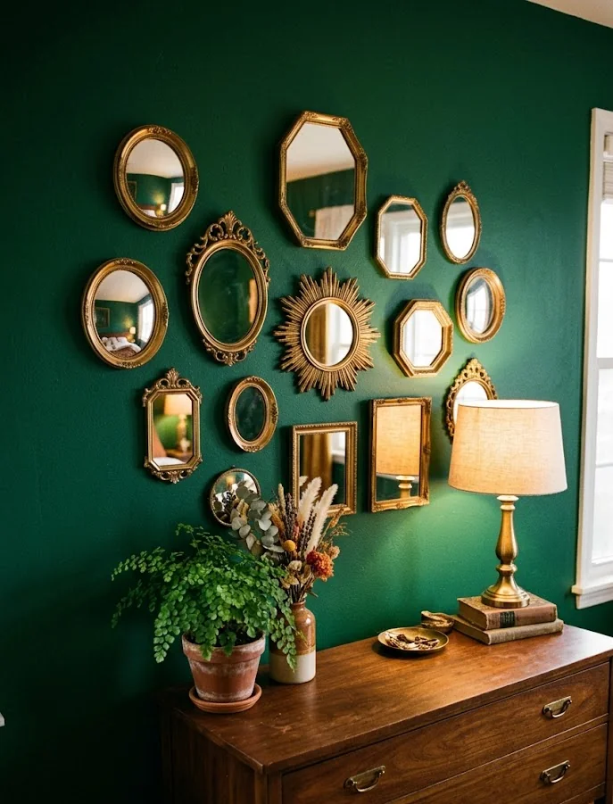 Brass Mirror Cluster on Emerald Wall