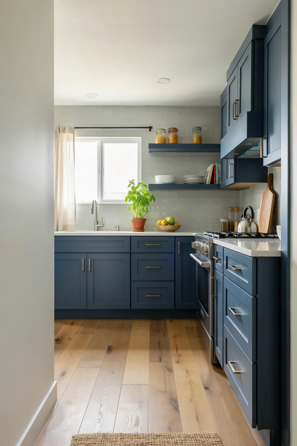 Small Navy Kitchen with Light Wood Floors