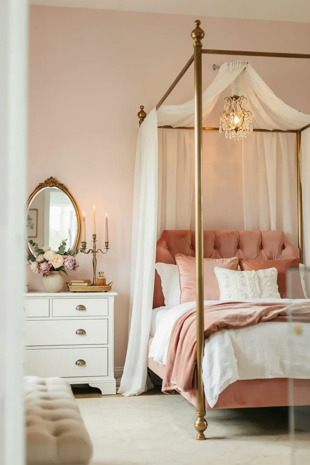 Soft Glam Canopy Bedroom Idea in Blush and Brass