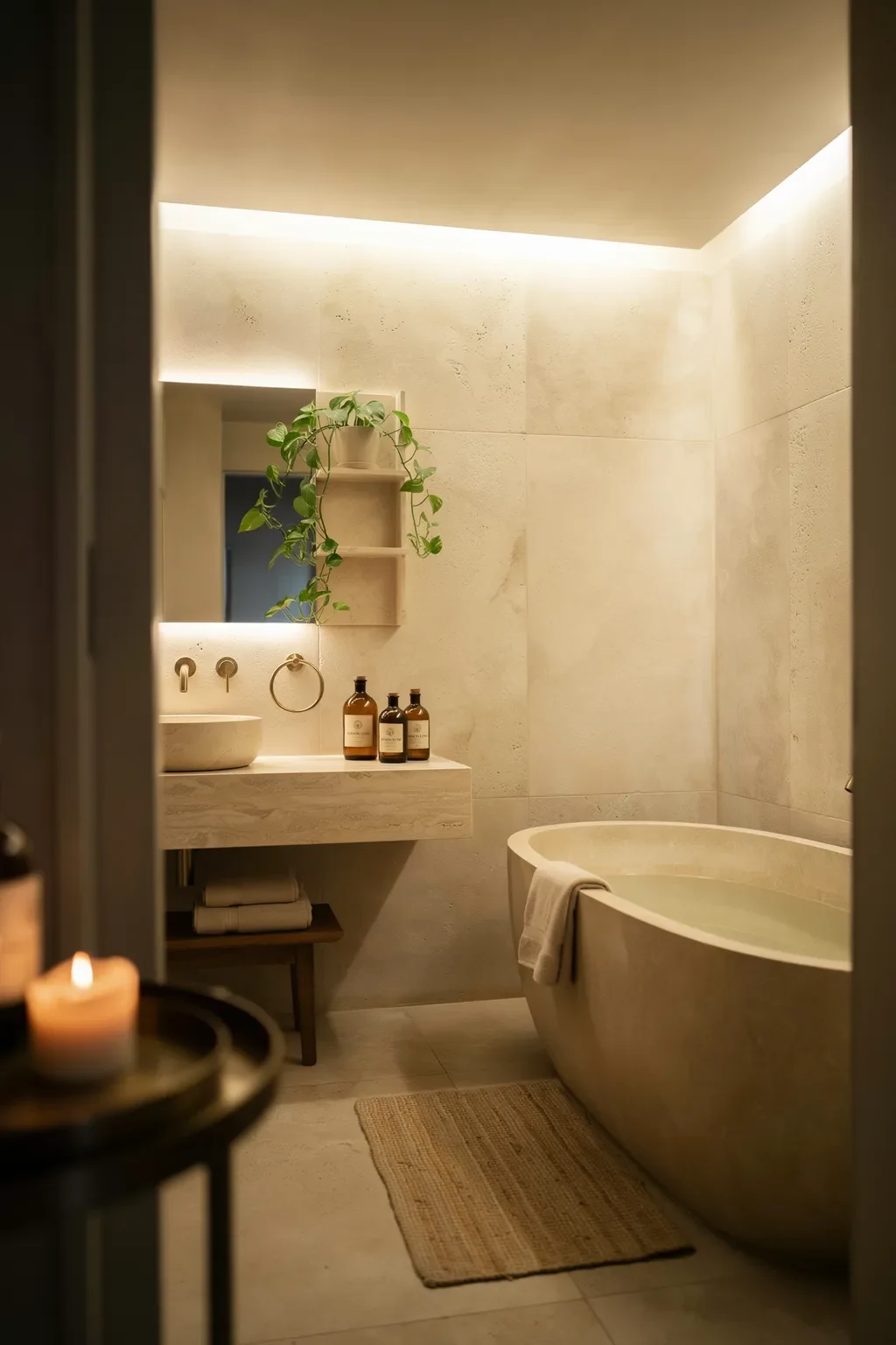 Spa bathroom with warm cove lighting and a travertine wall