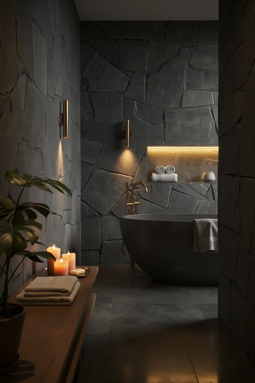 Moody dark stone spa bathroom retreat with warm lighting