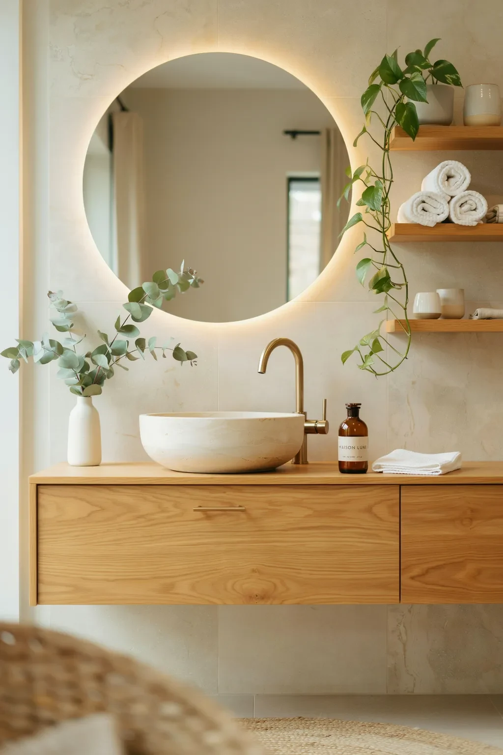 Spa bathroom vanity with a round backlit mirror and stone basin