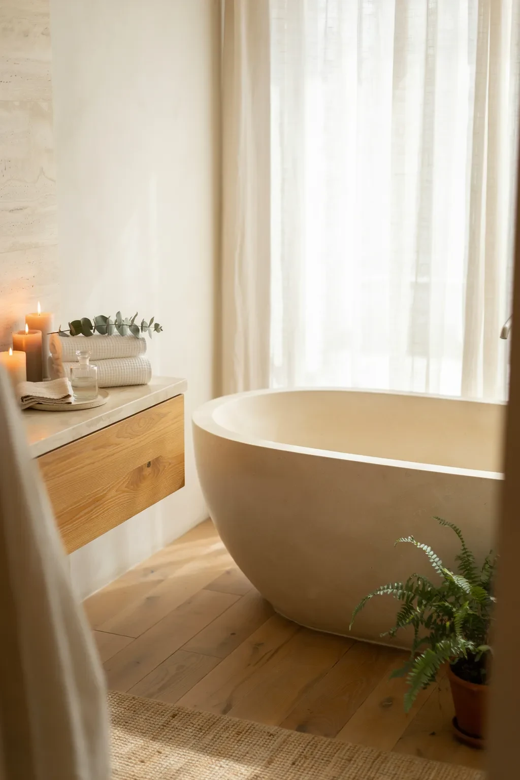 Serene spa bathroom with a stone soaking tub by a curtained window