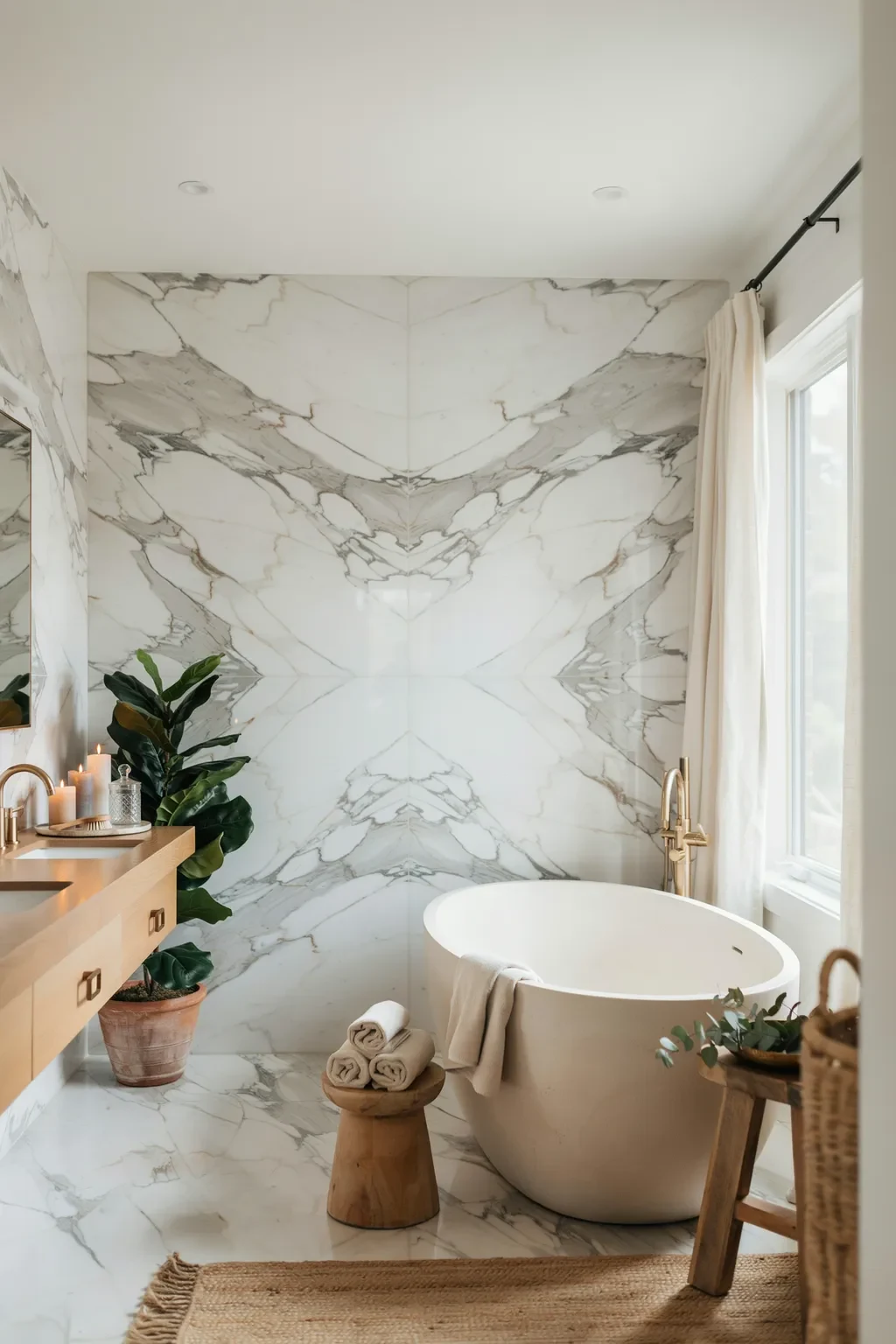 Bright white marble spa bathroom with an oak vanity and freestanding tub