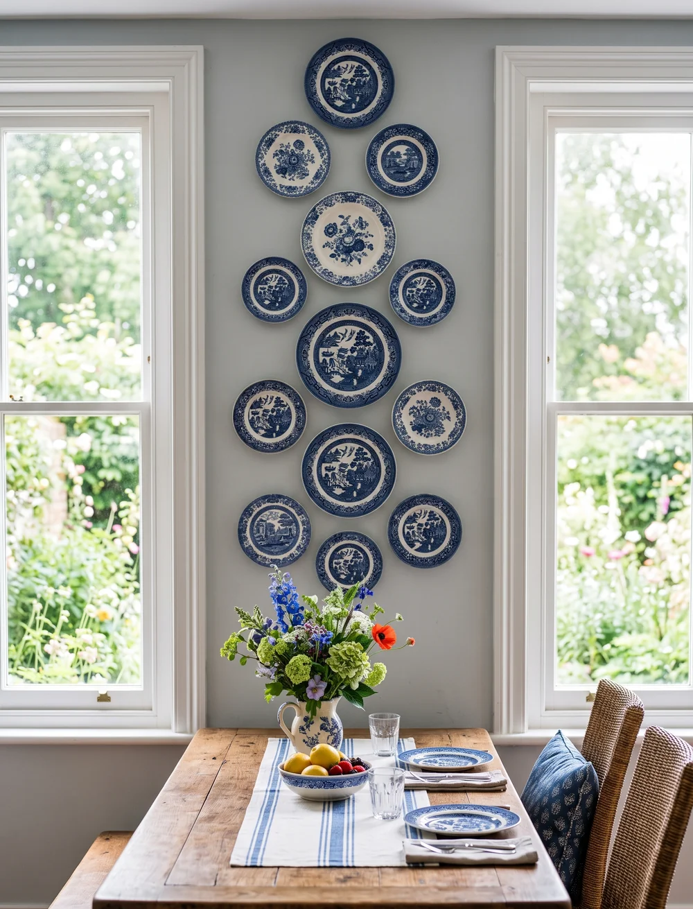 Blue and White Plates on a Narrow Wall