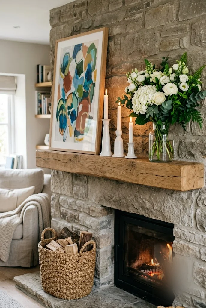 Styled Fireplace Mantel for a Grey Living Room