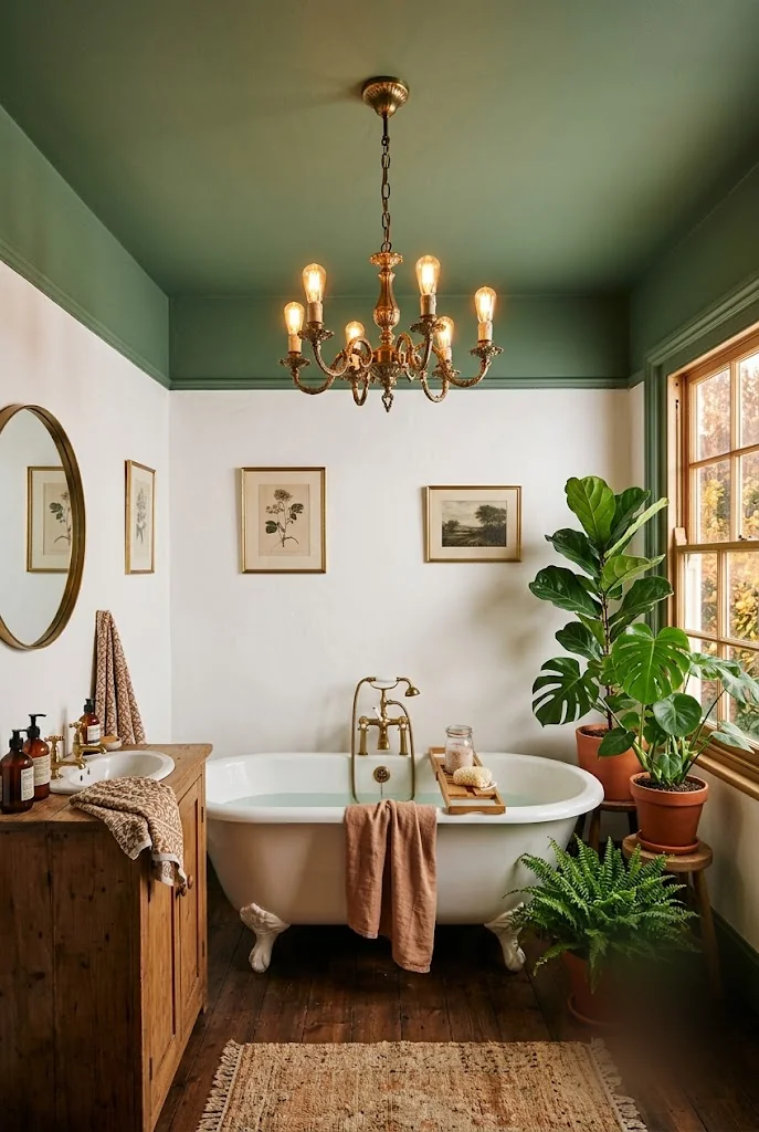 Sage Green Painted Ceiling with Brass Chandelier
