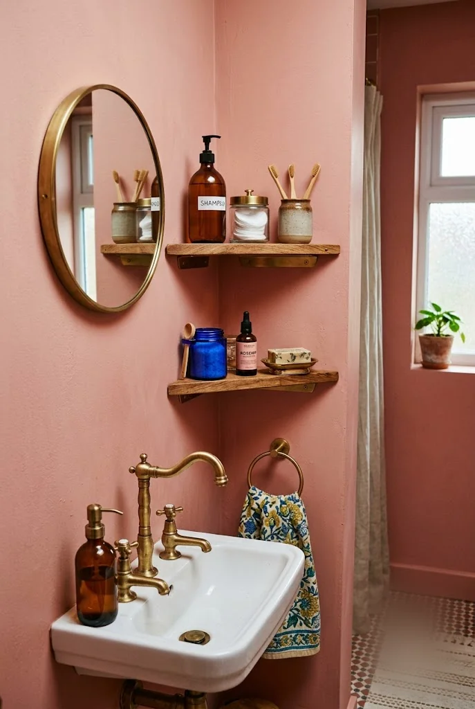Corner Shelves Beside Mirror Bathroom