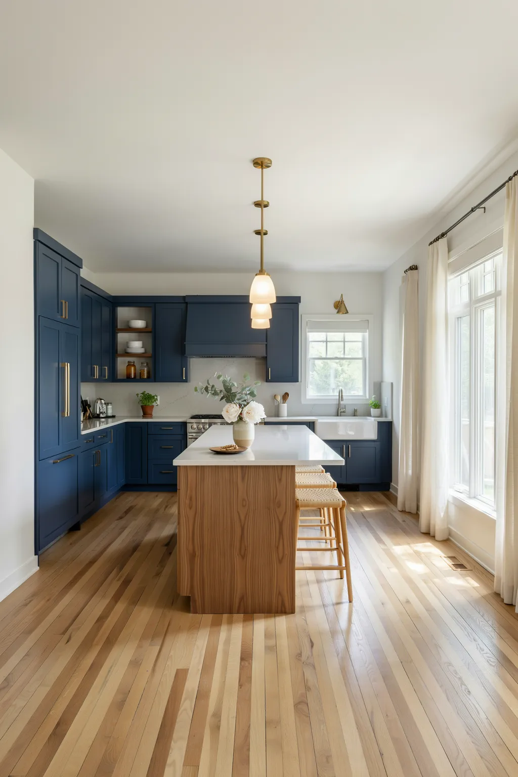 Transitional Navy Kitchen with a Contrasting Wood Island
