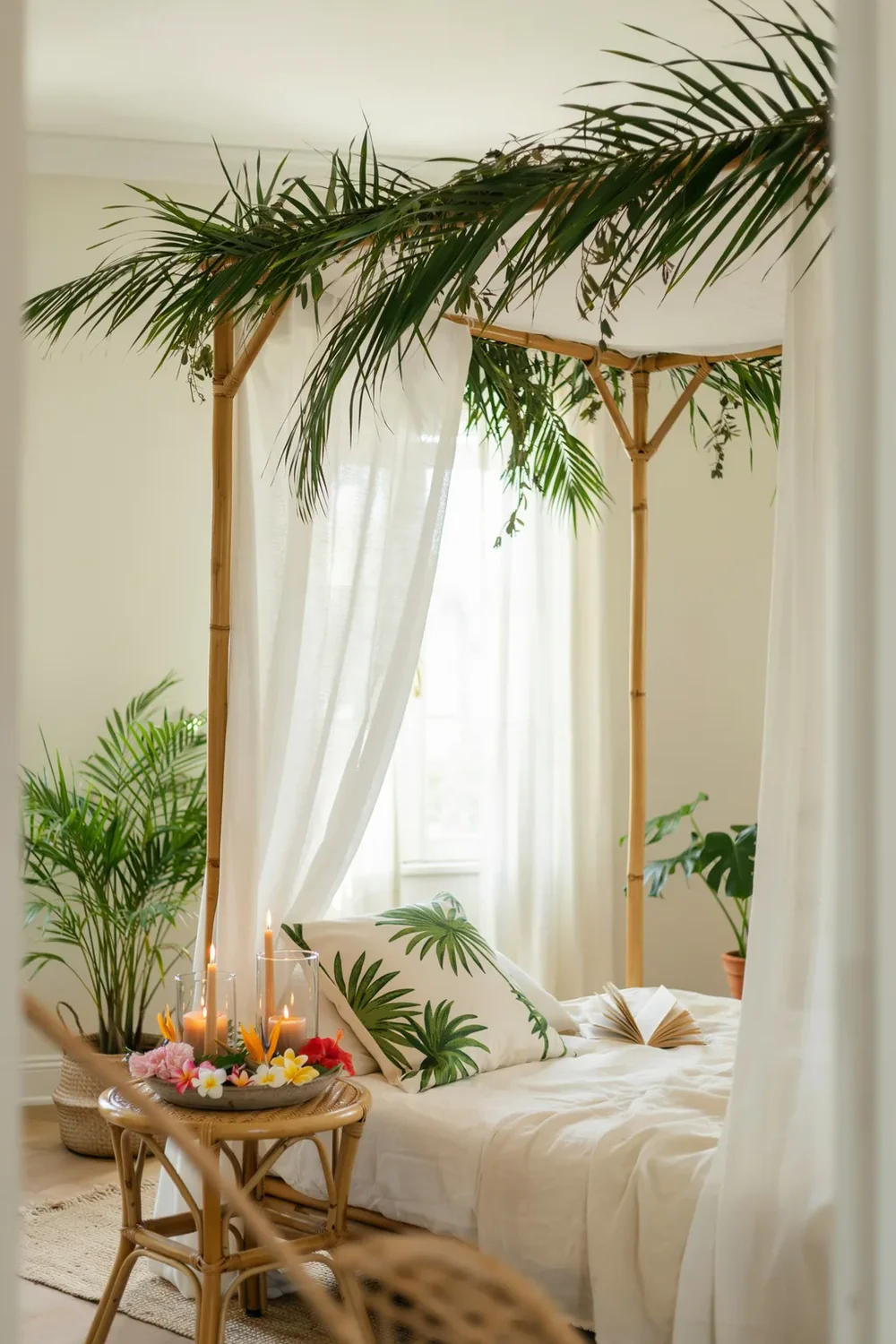 Tropical Canopy Bedroom Idea with Rattan and Palms