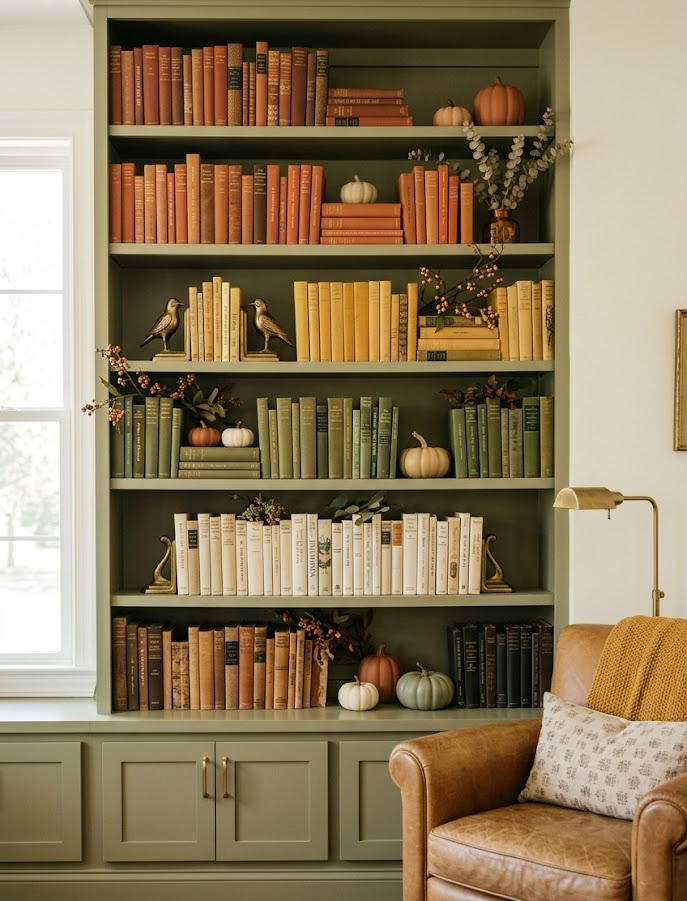 Color-Blocked Fall Bookshelf Styling