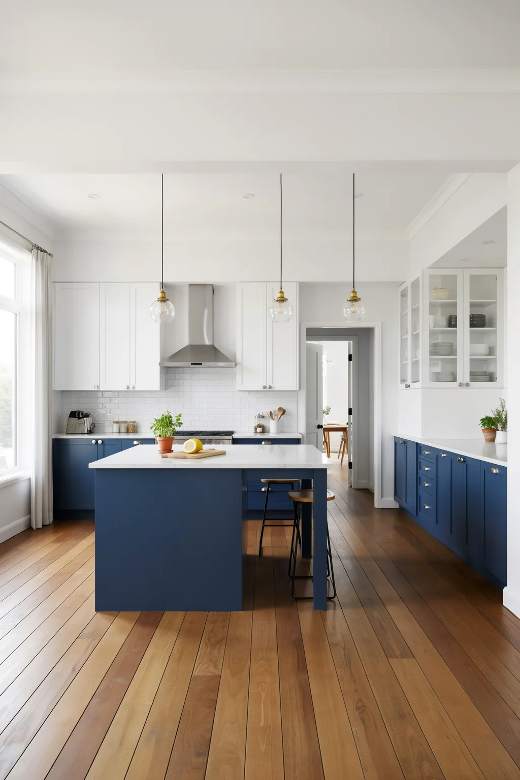 Two-Tone Navy and White Kitchen with a Matching Navy Island