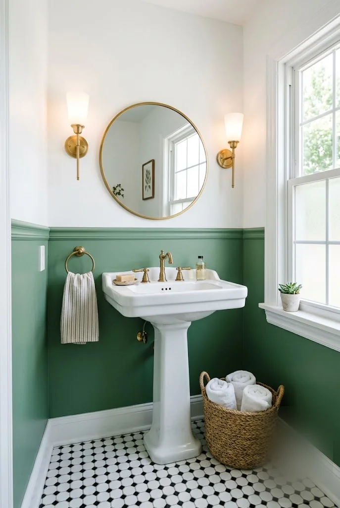 Two-Tone Sage Green and White Powder Room Walls