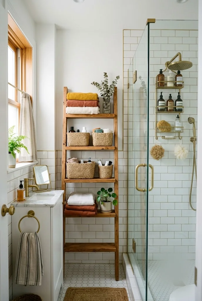 Wooden Ladder Shelf Bathroom Storage Idea