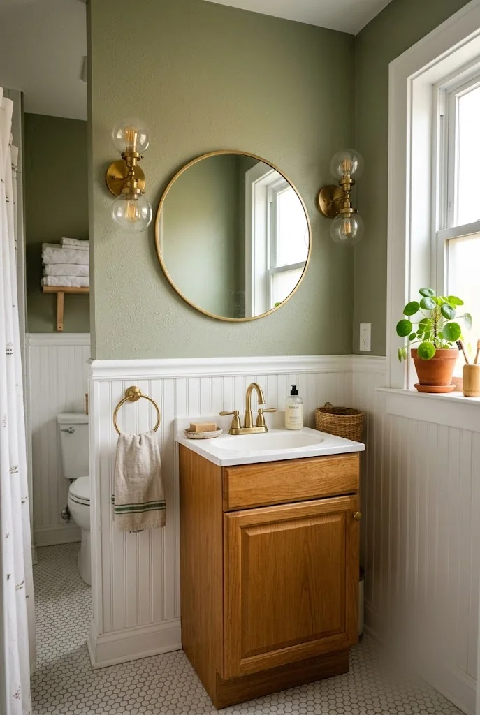 White Beadboard and Sage Green Bathroom Walls