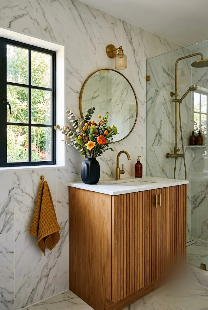 Fluted Wood Vanity Marble Bathroom