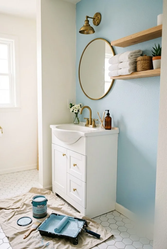 Pale Blue Painted Accent Wall Bathroom Makeover