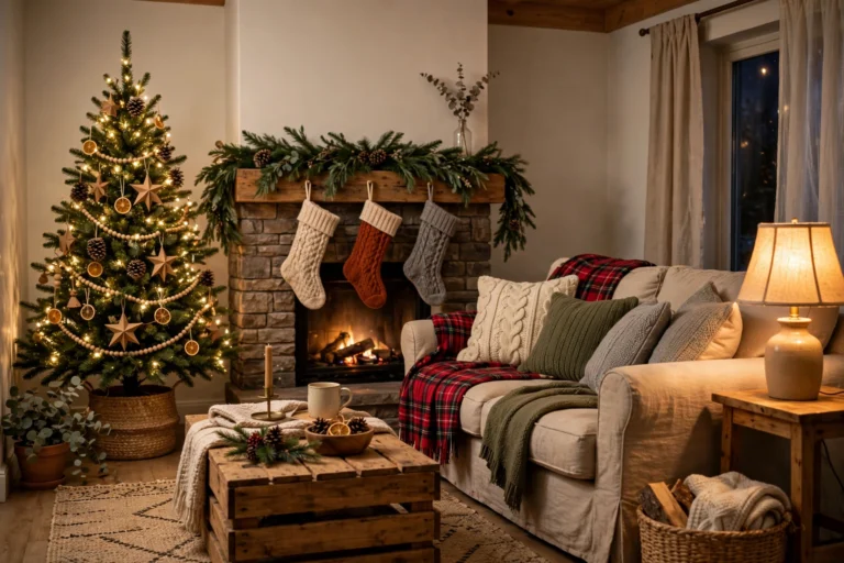 Christmas living room decorated on a budget with tree, fireplace stockings and warm lights