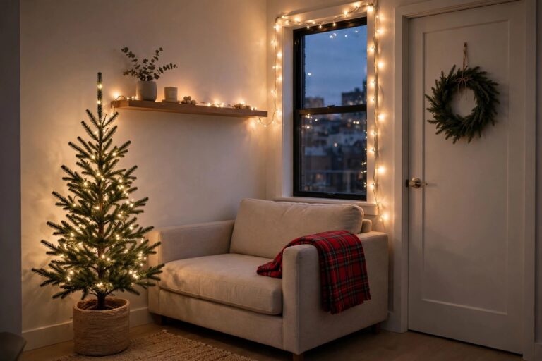 Slim pencil Christmas tree in a small apartment corner with warm fairy lights