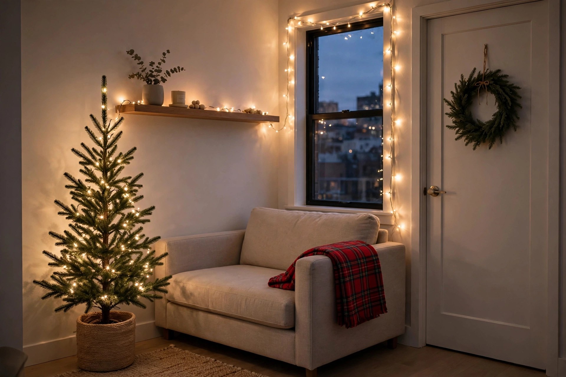 Slim pencil Christmas tree in a small apartment corner with warm fairy lights