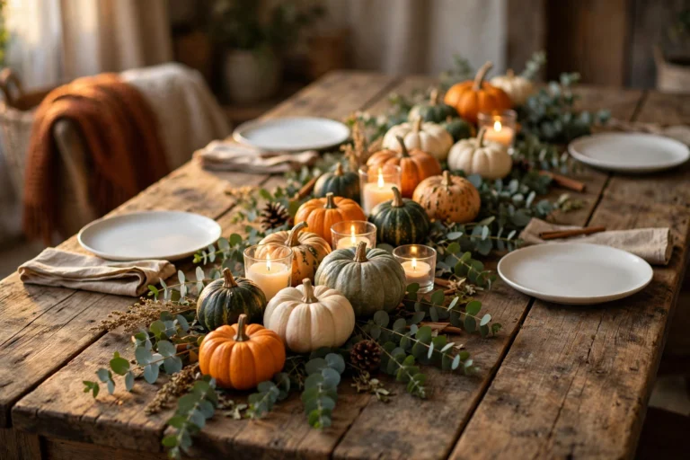 Thanksgiving table decorated on a budget with pumpkins, candles and eucalyptus runner
