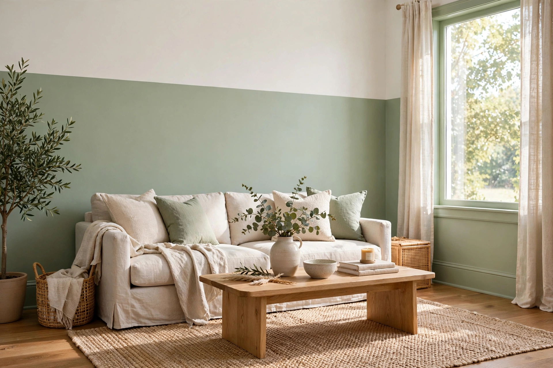 Living room with two-tone sage green and white painted walls and matching sage trim