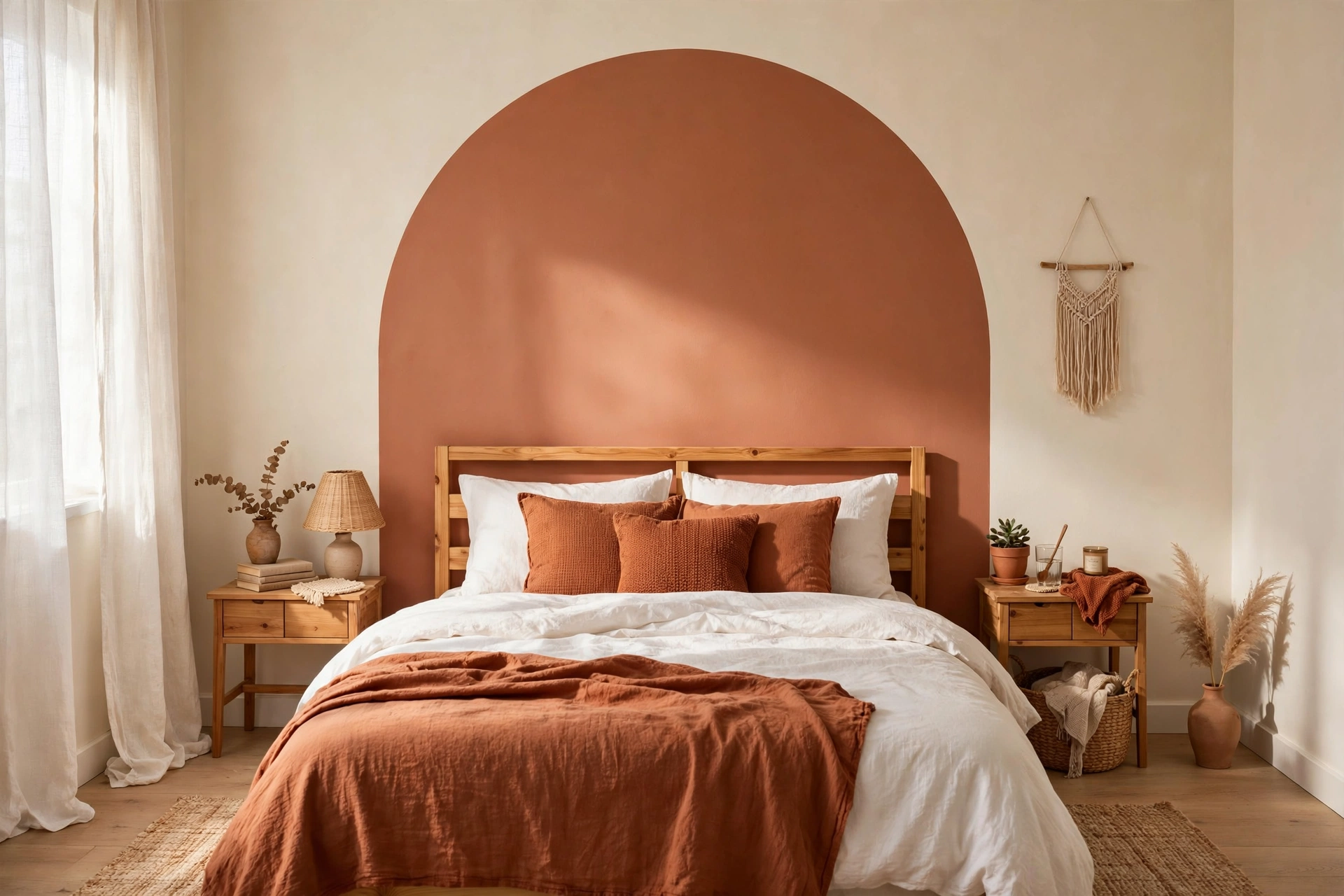 Bedroom with a terracotta painted arch accent wall behind a wooden bed