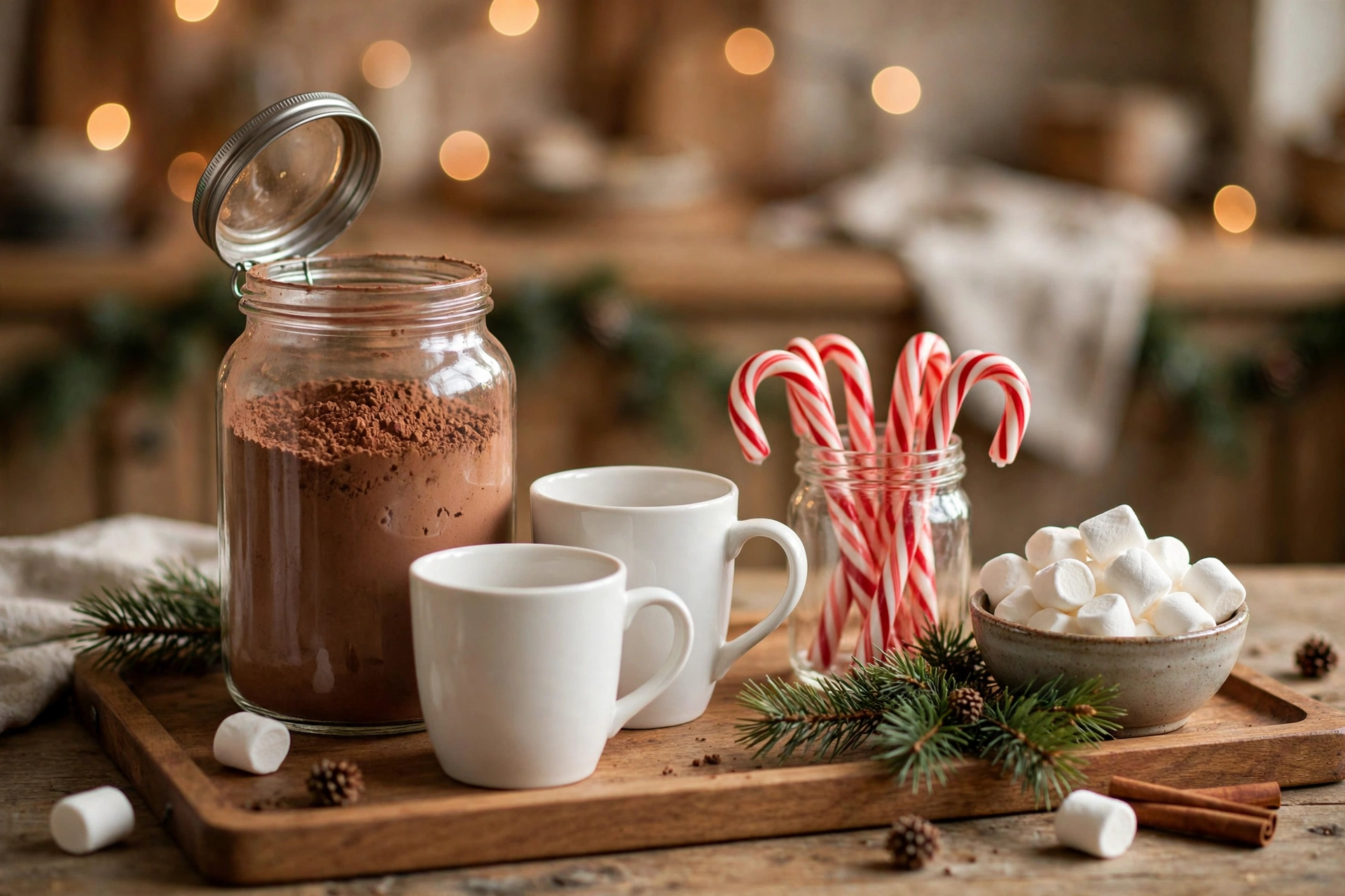 Hot cocoa station tray with mugs, cocoa mix jar, candy canes and marshmallows