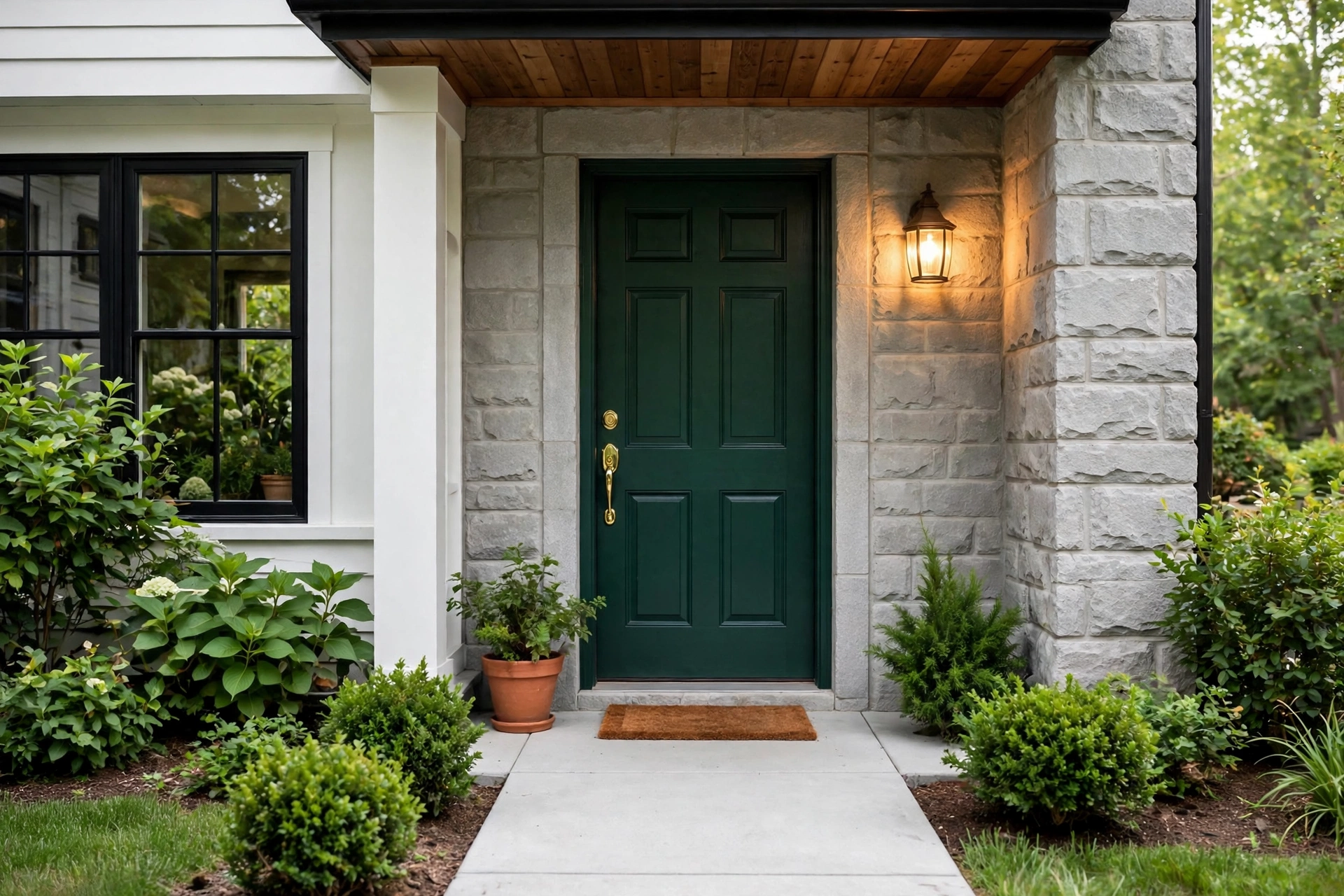 Front door painted deep forest green with brass hardware