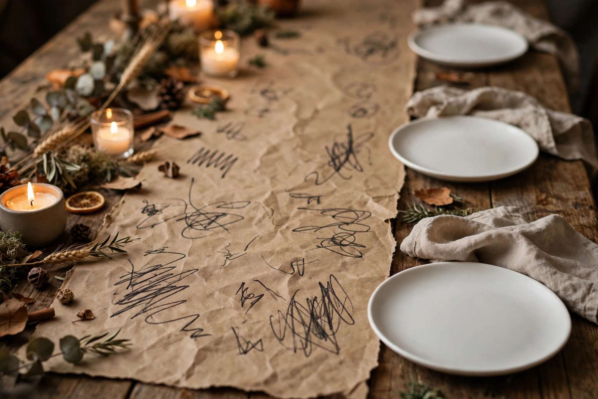 Kraft paper table runner with handwritten guest names on a Thanksgiving table
