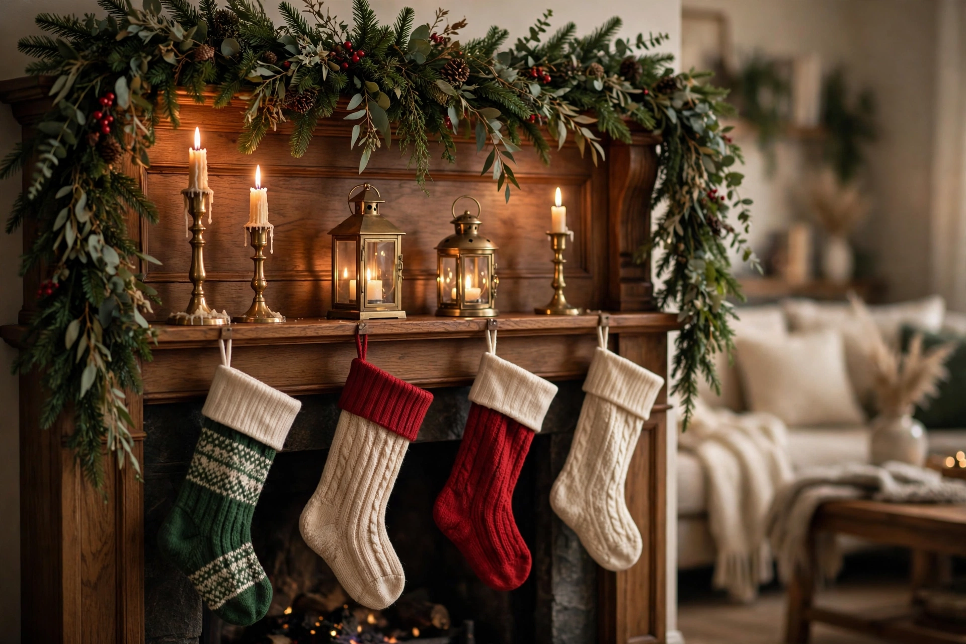 Christmas mantel styled in three layers with garland, candlesticks and stockings