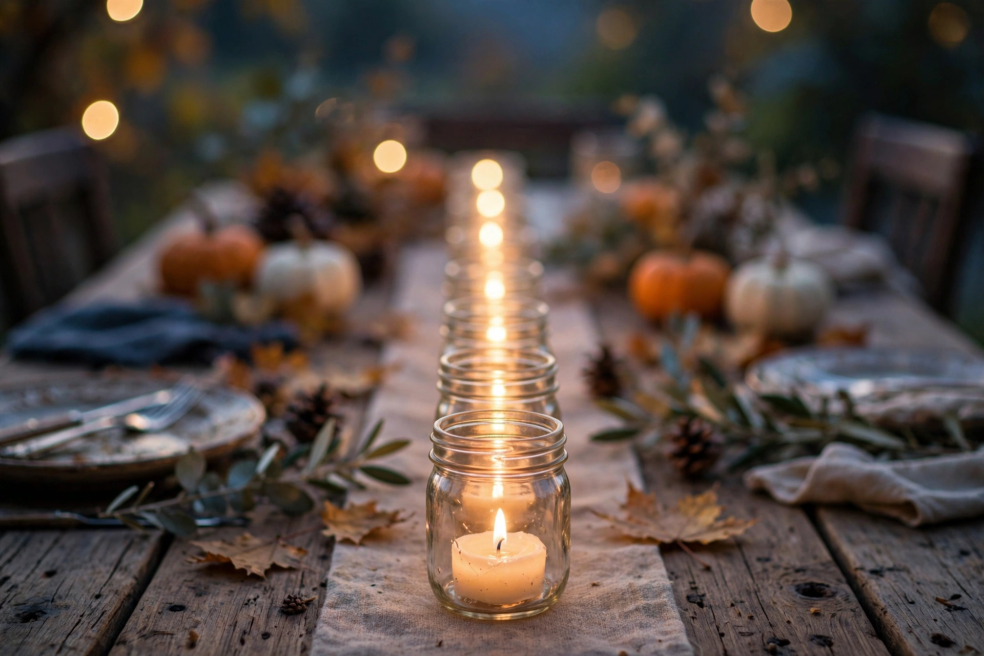 Mason jars with glowing tea lights lined down the center of a Thanksgiving table