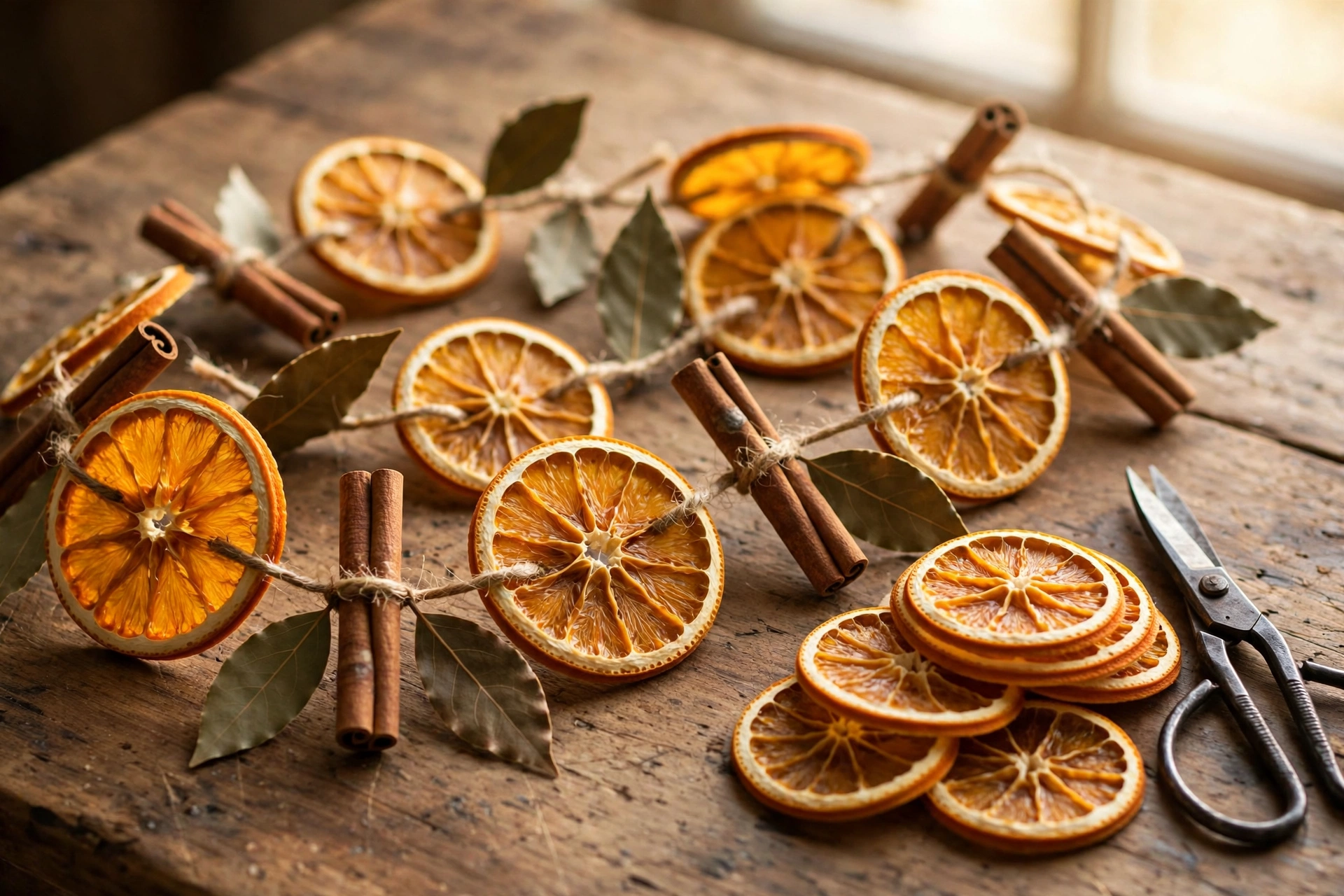 DIY dried orange slice garland with cinnamon sticks on a wooden table