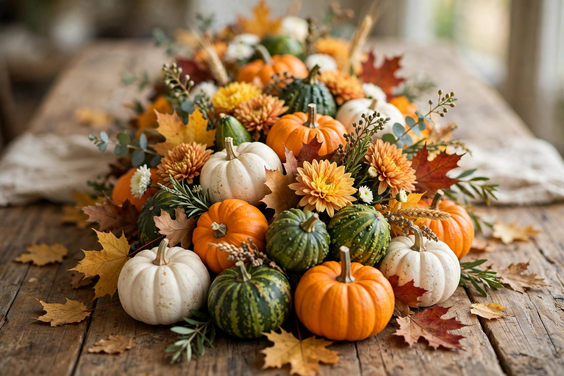 Mini pumpkin and gourd centerpiece cluster with fall flowers on a wooden table