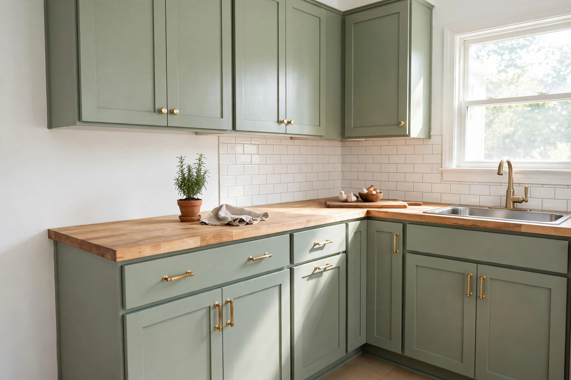 Kitchen with sage green painted shaker cabinets and brass hardware