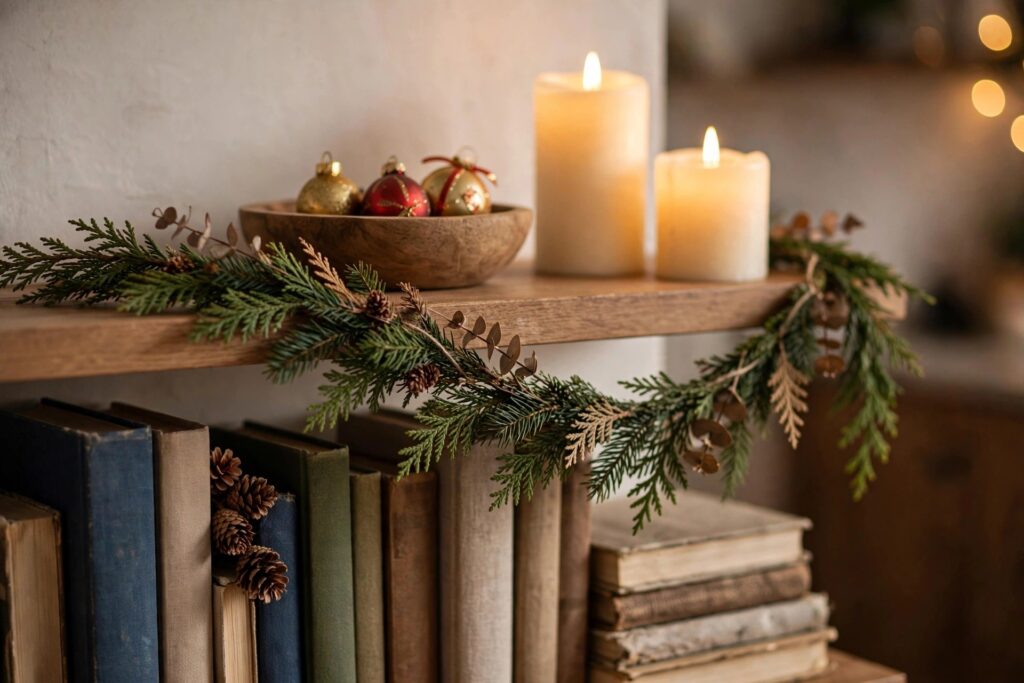 Bookshelf styled for Christmas with mini garland, candles, and ornaments