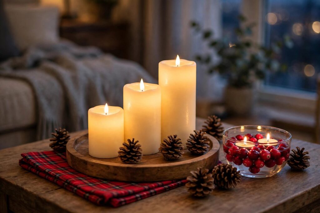 Christmas coffee table tray vignette with LED candles and cranberries