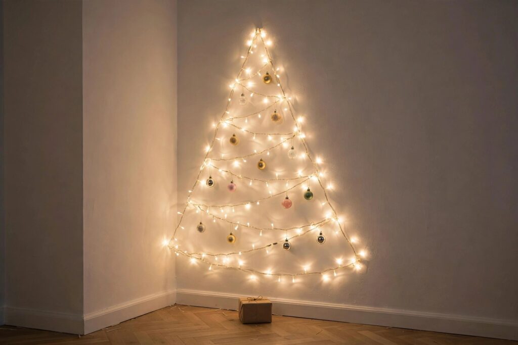 Flat wall Christmas tree made of warm fairy lights in a small apartment